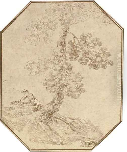A tree with a hunter and dog beyond - view 1