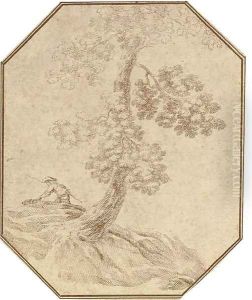 A tree with a hunter and dog beyond A tree with a hunter and dog beyond