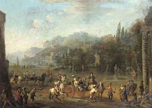 A Mediterranean harbour with elegant company in carriages