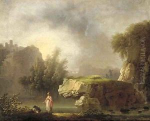 A rocky river landscape with classical figures in the foreground by Carlo Bonavia