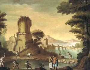 An Italianate landscape with fishermen before a town by Carlo Bonavia
