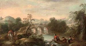 An Italianate wooded river landscape with fishermen in a boat and figures on a bridge beyond by Carlo Bonavia