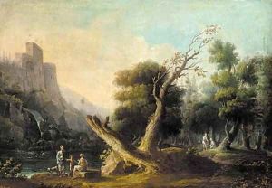 A river landscape with peasants conversing in the foreground, a hilltop castle beyond by Carlo Bonavia
