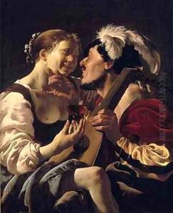 A luteplayer carousing with a young woman by Hendrick Ter Brugghen