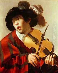 Boy Playing Stringed Instrument and Singing by Hendrick Ter Brugghen