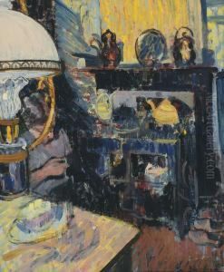 Interior With Sewingwoman (1918) - Interieur Avec Femme Cousant (1918) by Jean Brusselmans