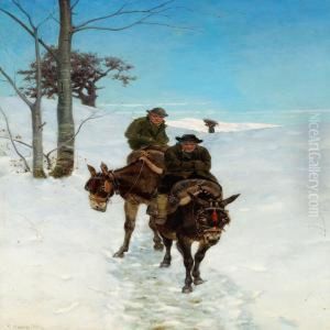 Two Men On Donkeys In The Snow by Stefano Bruzzi