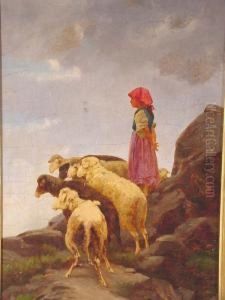 Bruzzi, Italian, -,'shepherdess & Sheep, Oil On Canvas L1xx9 by Stefano Bruzzi