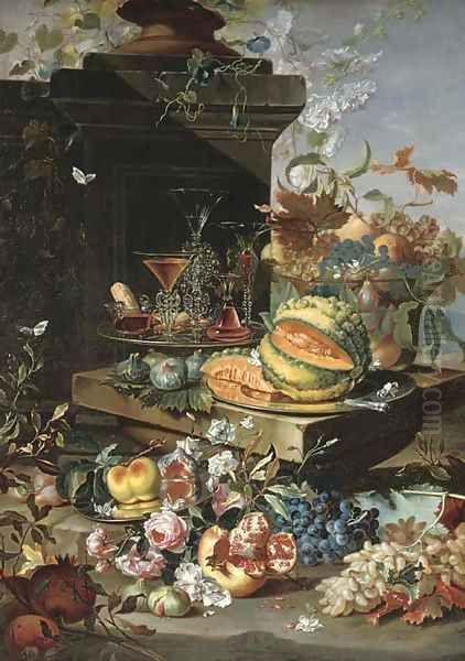 A sliced pumpkin on a silver plate, 'facon-de-venise' glasses on a second silver plate, grapes, peaches and plums in a glass bowl with more grapes - view 1