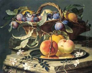 Peaches and plums in a wicker basket, peaches on a silver dish and narcissi on stone plinths by Christian Berentz