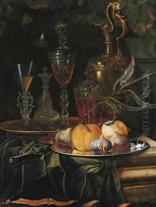 Figs and peaches on a pewter platter, glasses of wine on a gold dish, an ornamental silver-gilt ewer and a knife on a partly draped ledge by Christian Berentz