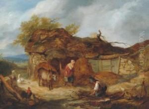 Farmyard Scene With Figures And Donkey by Henry Charles Bryant