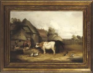Animals At A Trough In A Farmyard by Henry Charles Bryant