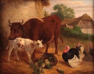 Farmyard Scene With Cow, Calf And Turkeys by Henry Charles Bryant