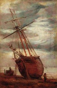 Figures by a beached boat by William Joseph Caesar Julius Bond