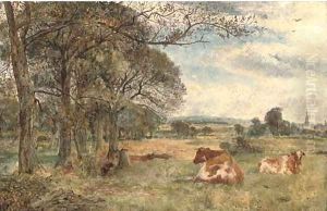Cattle grazing, with Sefton Church beyond by William Joseph Caesar Julius Bond