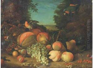 Still life of grapes, peaches, plums, berries and a melon by William Jones Of Bath