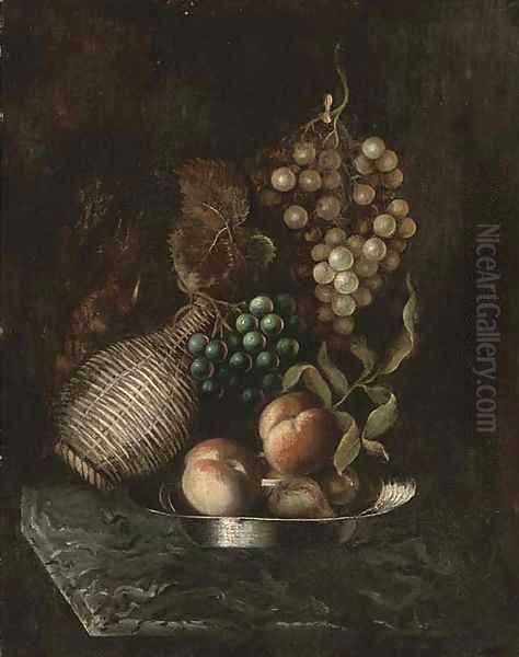 Grapes, a bottle, and peaches on a platter, on a marble ledge - view 1