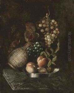 Grapes, a bottle, and peaches on a platter, on a marble ledge by William Jones Of Bath