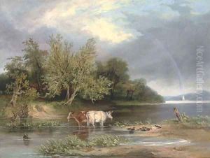 Cattle watering in a wooded landscape by Henry John Boddington
