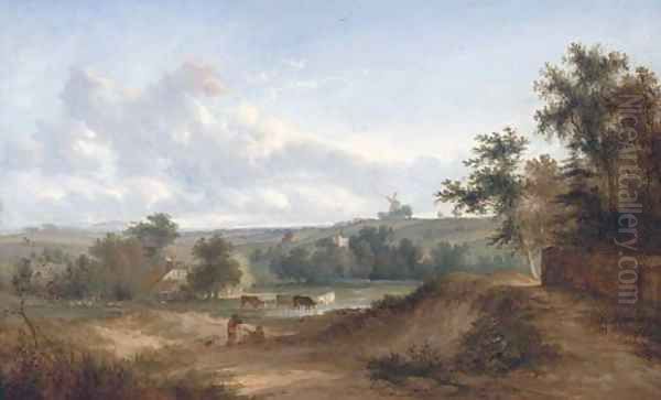 Drovers resting in an extensive landscape, a windmill beyond - view 1