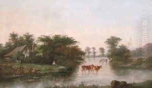 A herder watering cattle by a riverside cottage by Henry John Boddington