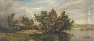 Anglers on a tranquil stretch of the river by Henry John Boddington