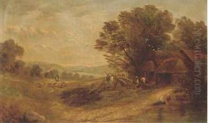 Timberjacks by a cottage, a shepherd and his flock beyond by Henry John Boddington