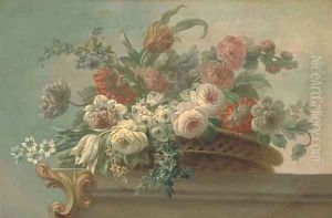 Summer flowers, including tulips, poppies and peonies, in a wicker basket, on a stone ledge by Jacob Bogdani