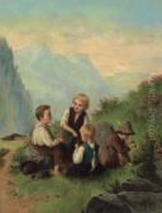 Kinder Beim Almrausch Pflucken by Josef Bche