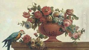 Roses, tulips, carnations, morning glory and other flowers in a vase with a parrot on a ledge by Jacob Bogdani