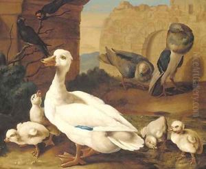 A duck with ducklings, pigeons and swifts before a ruined wall by Jacob Bogdani