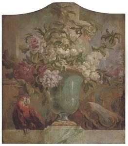 Flowers in an urn with a parrot on a ledge an overdoor by Jacob Bogdani