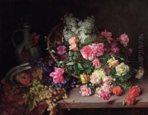 Garden Flowers In A Basket With Grapes And Apples On A Table by Hans Buchner