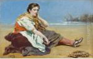 Fischermadchen Am Strand Sitzend by Frank Buchser