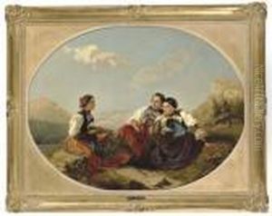 Drei Unterwaldner Trachtenmadchen Vor Berglandschaft by Frank Buchser