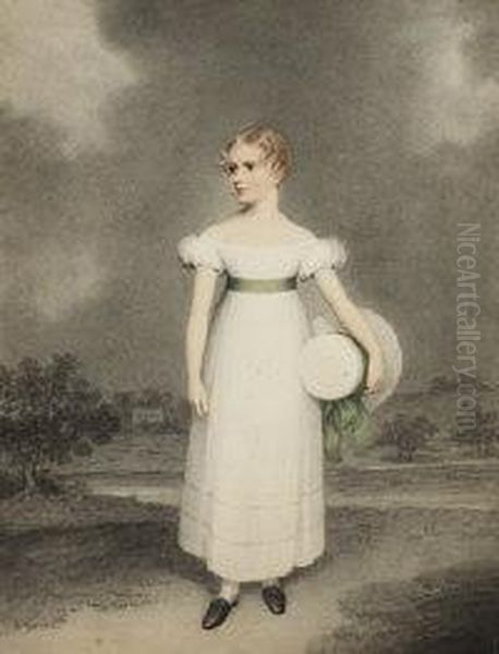 Portrait Of A Young Girl In A White Dress With A Green Sash Holding A Matching Bonnet - view 1
