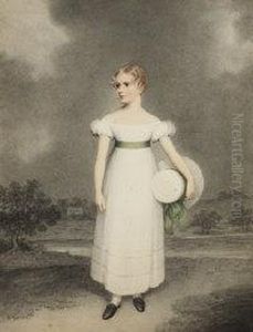 Portrait Of A Young Girl In A White Dress With A Green Sash Holding A Matching Bonnet by Adam Buck