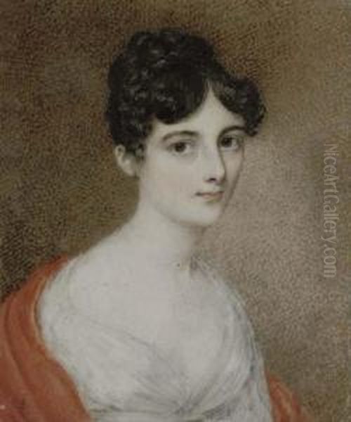 A Young Lady In White Dress With Scarlet Stole Over Her Shoulders,her Dark Hair Upswept - view 1
