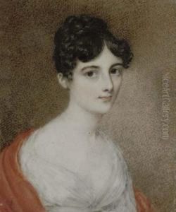 A Young Lady In White Dress With Scarlet Stole Over Her Shoulders,her Dark Hair Upswept by Adam Buck