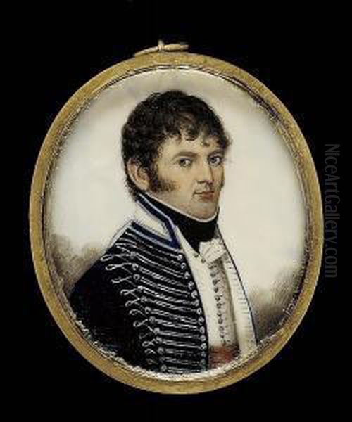 An Officer Of The 7th, 17th Or 18th Light Dragoons, Wearing Dark Blue Jacket With White Collar, Heavily Braided In Silver, Worn Open To Reveal A White Waistcoat And Crimson Sash, Black Stock And White Cravat by Frederick Buck