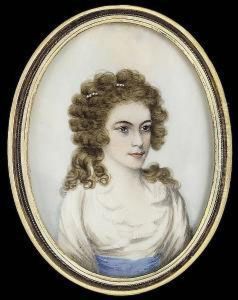 A Lady, Wearing White Dress With
 Blue Waistband And Strand Of Pearls In Her Powdered Hair by Frederick Buck