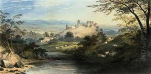 Sheep Grazing Before Castle Ruins by Charles Frederick Buckley