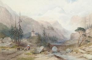 An Alpine Landscape With A Figure On A Trackwith Goats by Charles Frederick Buckley