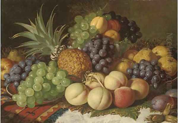Grapes, peaches, pears, plums, apples, and a pineapple, on a ledge - view 1