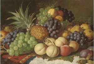 Grapes, peaches, pears, plums, apples, and a pineapple, on a ledge by Charles Thomas Bale