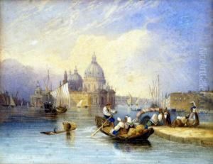 Venice, The Doges Palace From The Water, A Busy Scene With Figures And Gondolas by Charles Frederick Buckley