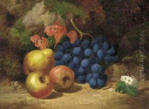 Apples, grapes, a pear and blossom, on a mossy bank by Charles Thomas Bale