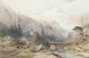 An Alpine Landscape With A Figure On A Track With Goats