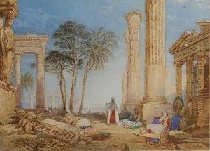 Travellers Resting Amid The Ruins At Baalbek, Lebanon by Charles Frederick Buckley